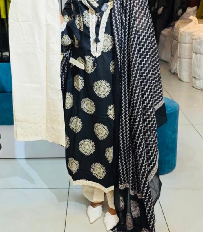 Classic Black with Off - White Embroidery - Churidar Set