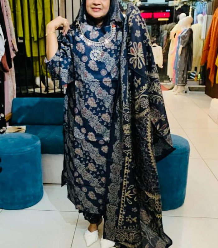 Dark Navy Blue Semi Modal Silk Printed Churidar Set