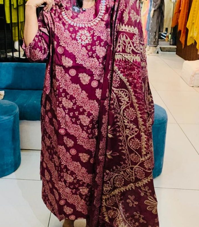 Deep Maroon Semi Modal Silk Churidar Set