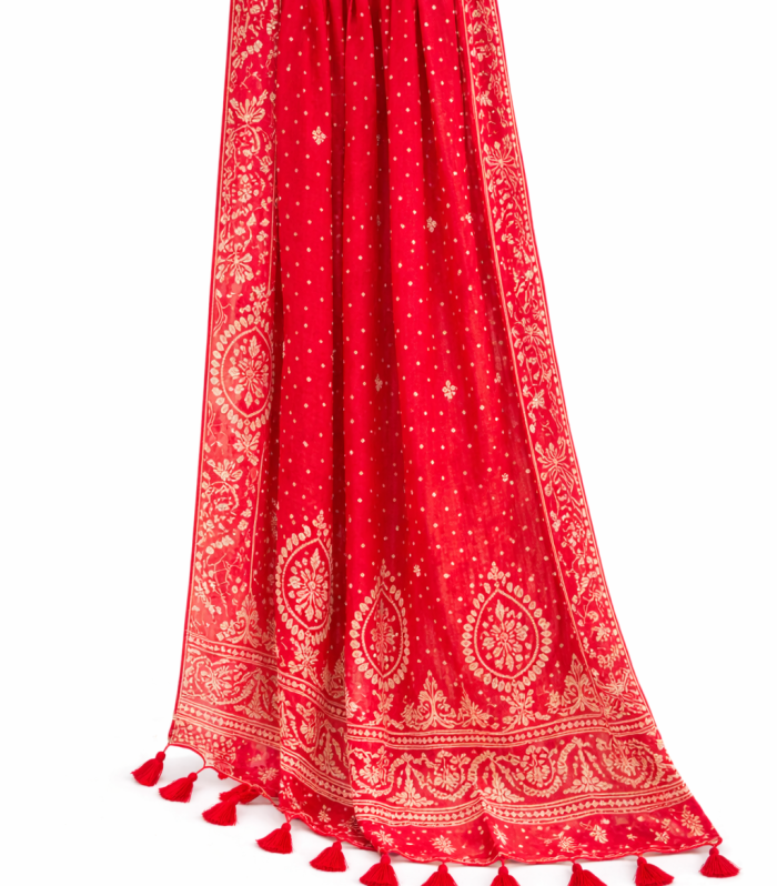 Red Bandhani Printed Dupatta with Tassels