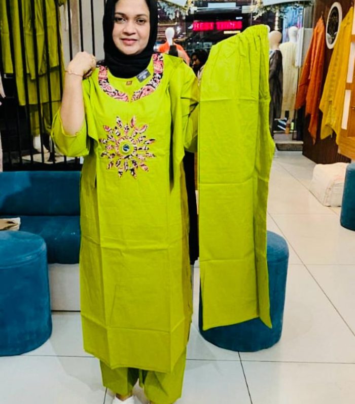 Lime Green Pure Cotton Mirror Work Co-Ord Set