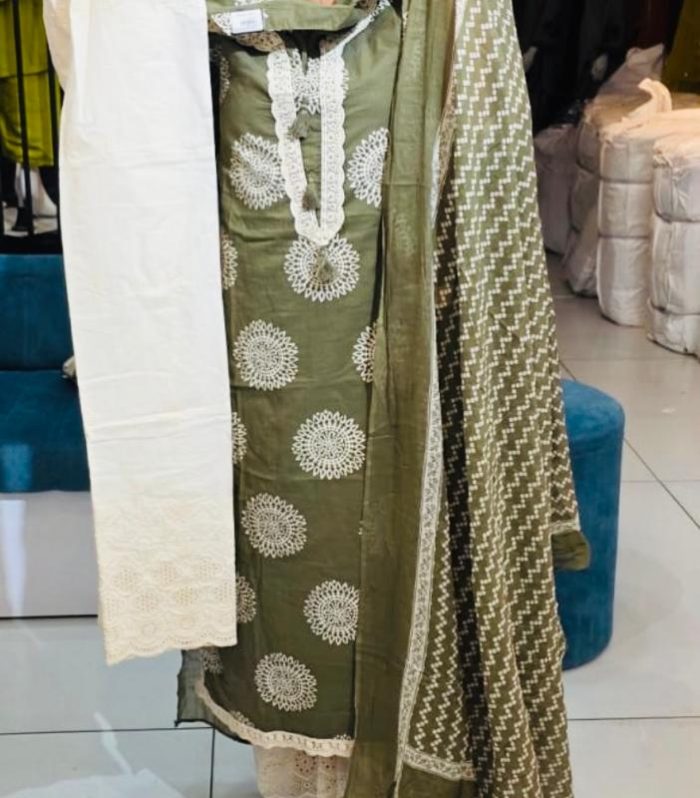 Olive Green with Off - White Embroidery - Churidar Set