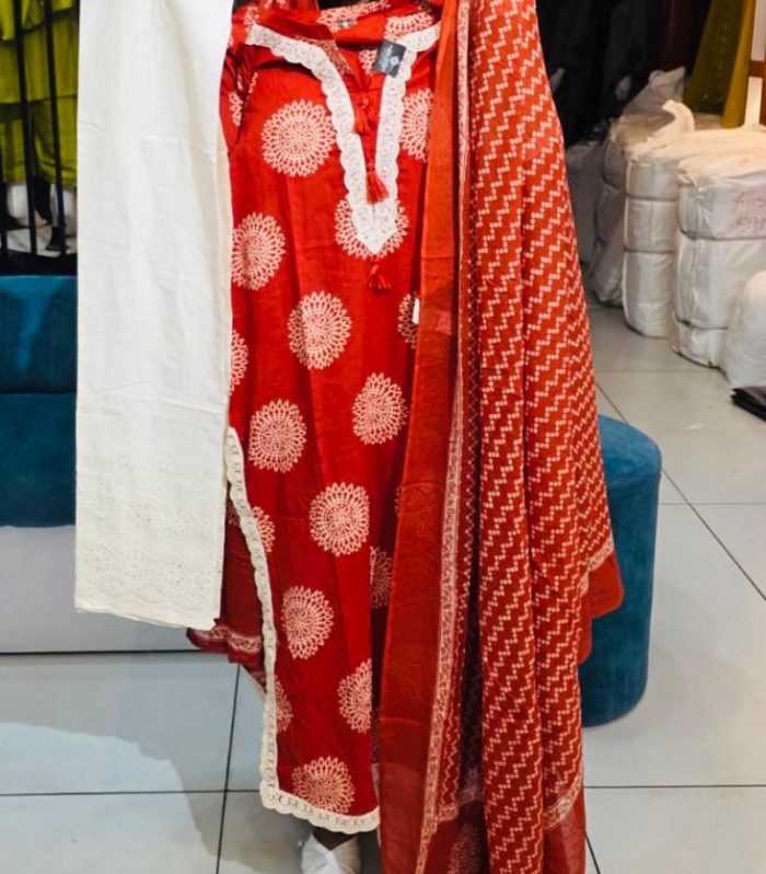 Rust Orange with Off - White Embroidery - Churidar Set