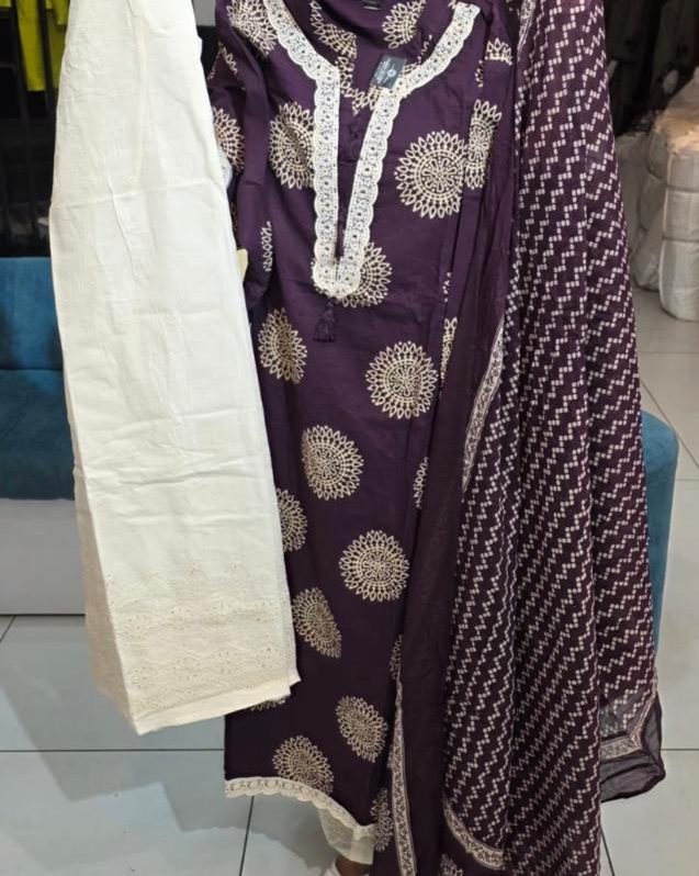 Wine Purple with Off - White Embroidery - Churidar Set
